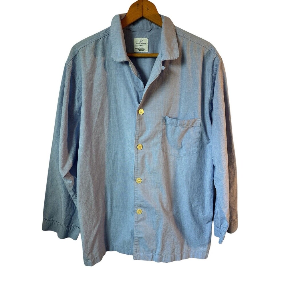 Brooks Brothers Mens Pajama Lg Blue Cotton Button Down Shirt Wrinkle Resistant